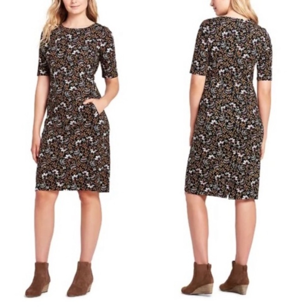 Lands’ End Floral‎ Black Knit Slimming Dress Muted Tones. Size 10P.